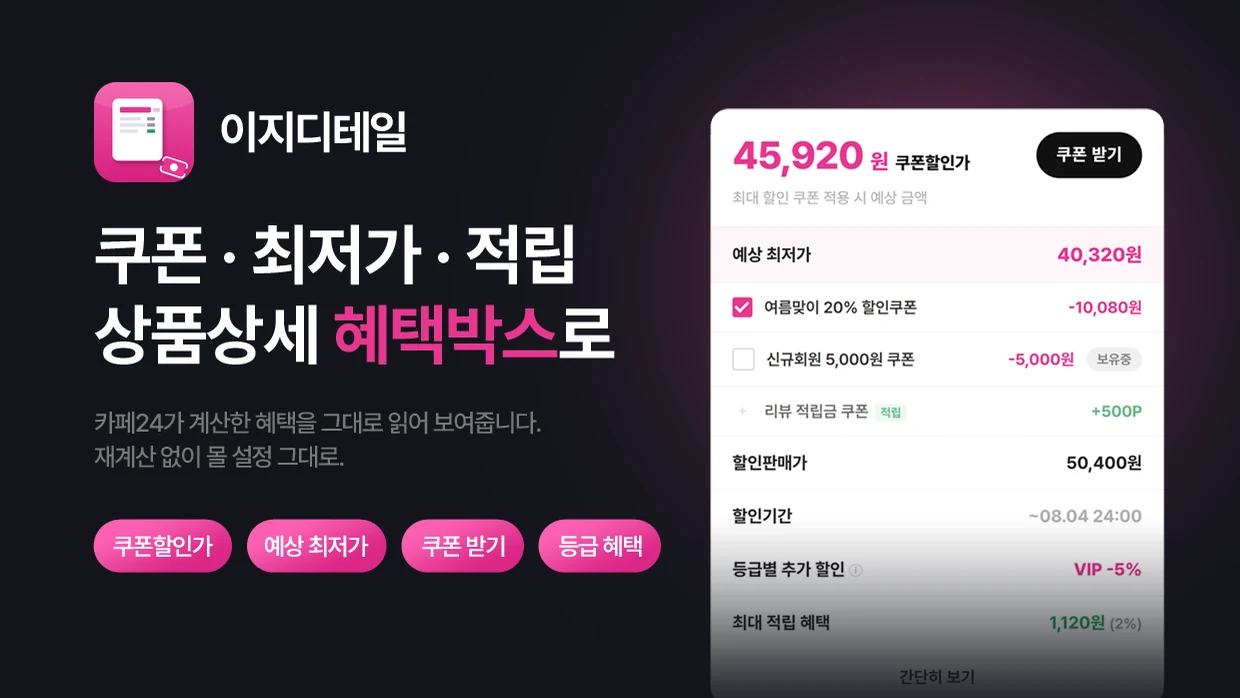 이지디테일 — 쿠폰·최저가·적립을 상품상세 혜택박스로